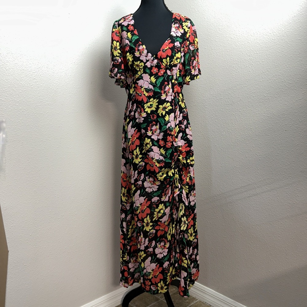 Topshop Dress Women's 8 Black Floral‎ Maxi Ruffle V Neck Boho Artsy Open Back